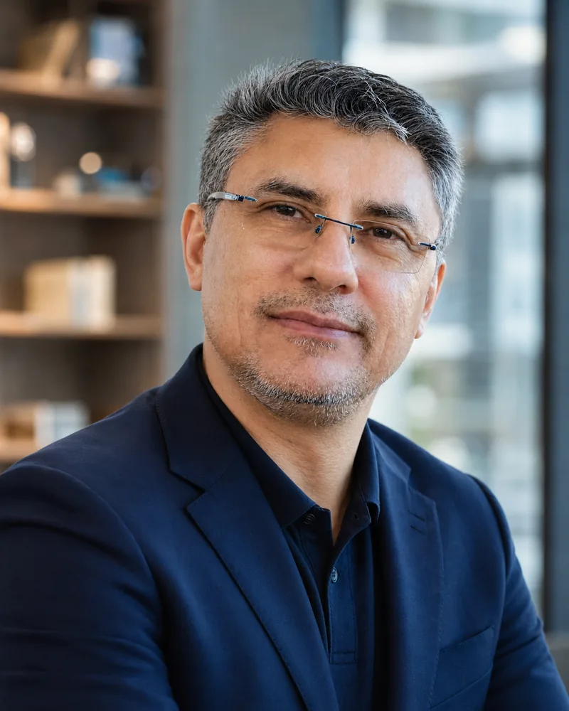 Elismar Mota, de blazer azul-marinho, num escritório com estante ao fundo