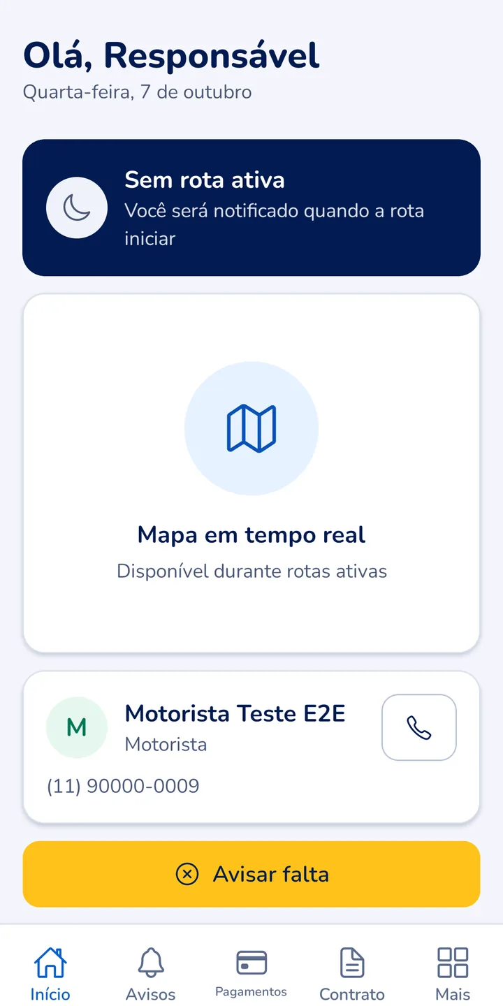 Tela real do app VanLar Pais: início com o mapa da van, contato do motorista e o botão de avisar falta (dados de demonstração)
