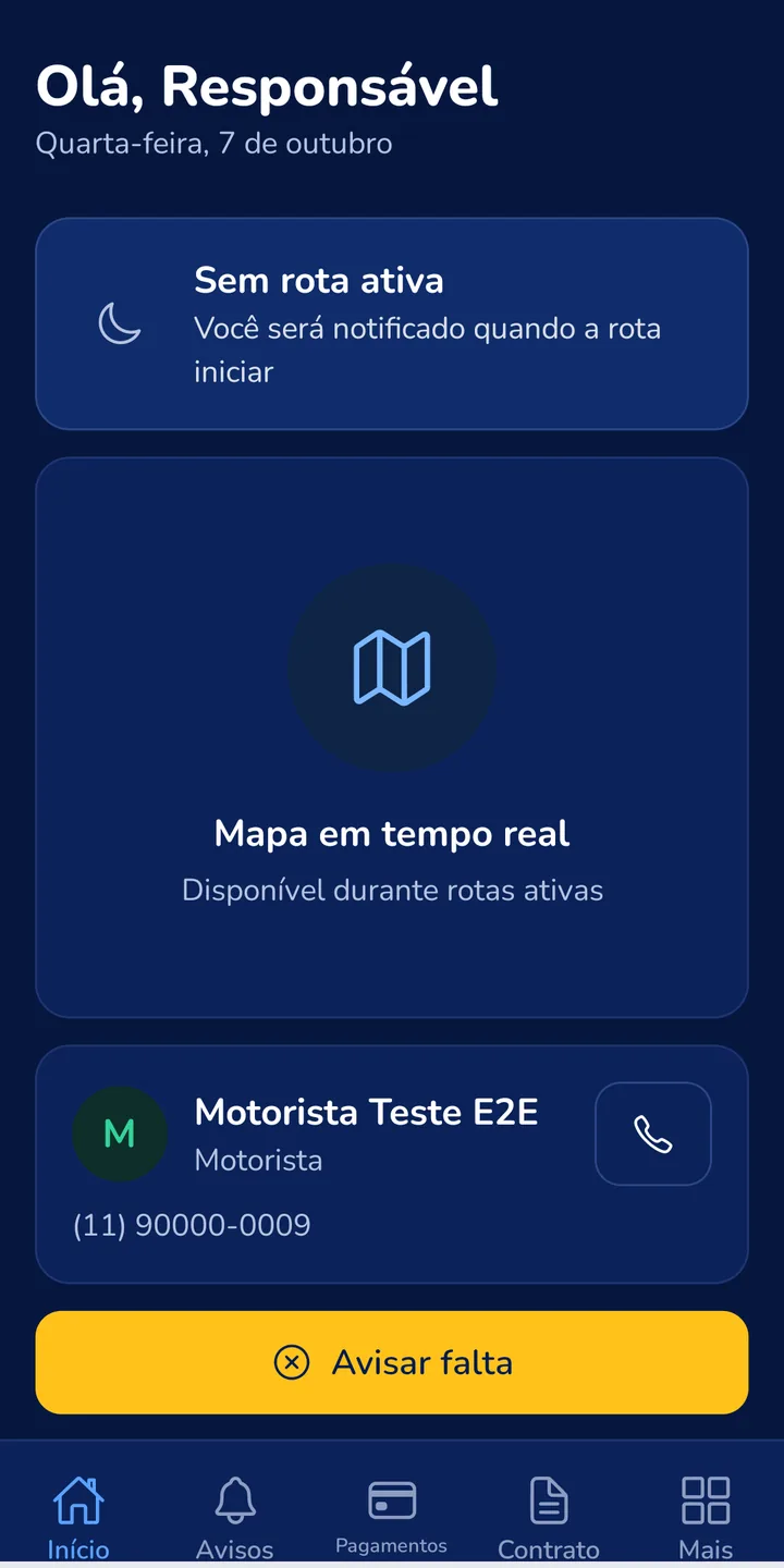 Tela real do app VanLar Pais: início com o mapa da van, contato do motorista e o botão de avisar falta (dados de demonstração)